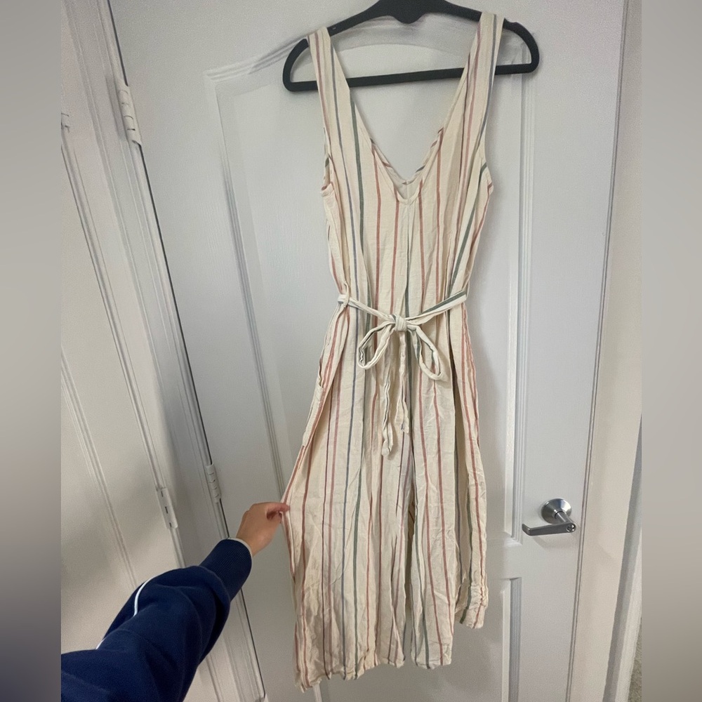American Eagle Striped Cream Jumpsuit